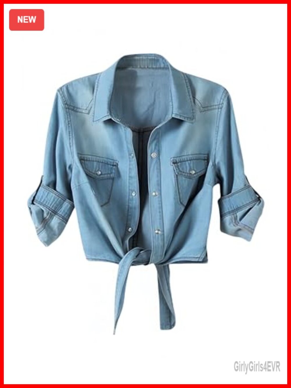 Womens Tie Front Denim Shirt Lightweight 3/4 Roll Up Sleeve Button Down